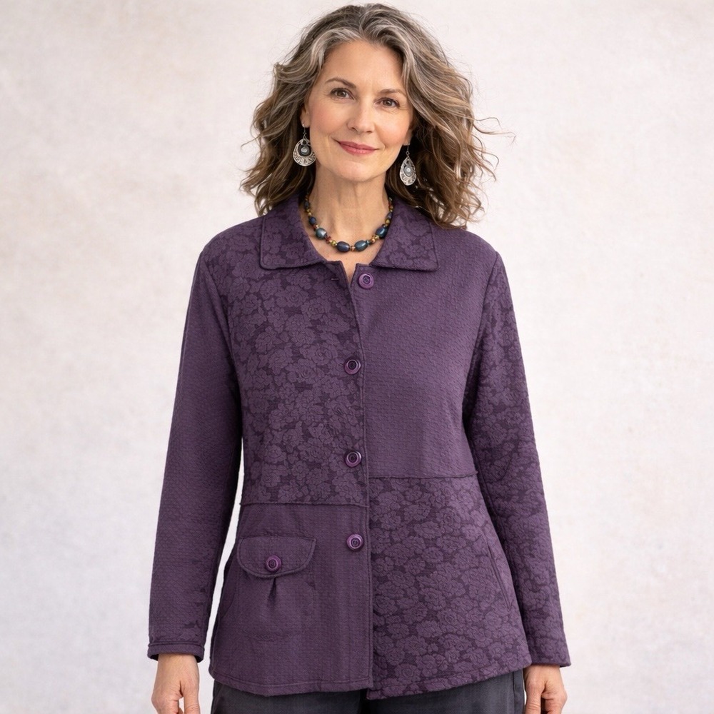 Parsley & Sage Women Large Button Up Tunic Jacket Purple Stretch‎ Floral Artsy